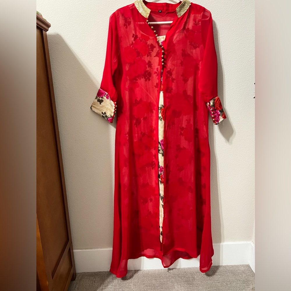 Red Georgette Kurta with Printed Silk Liner